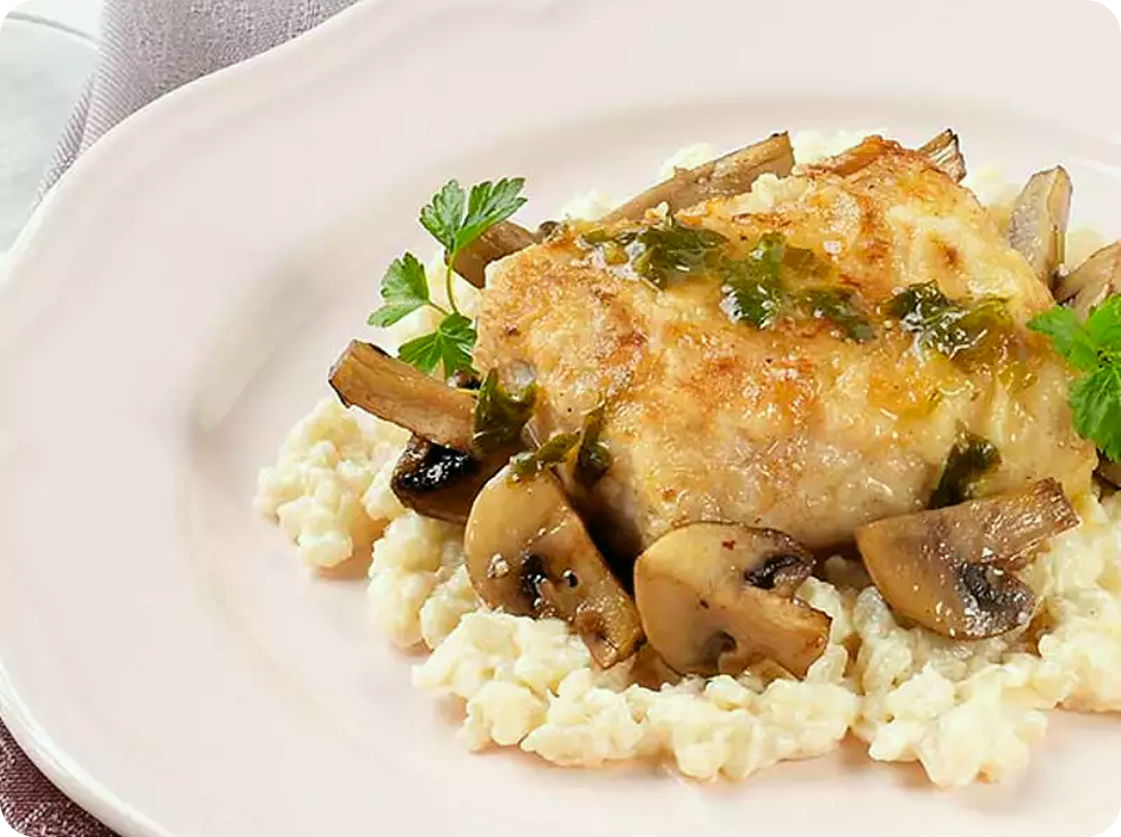 Cœur de merlu, risotto aux champignons, crème au vieux parmesan (1)